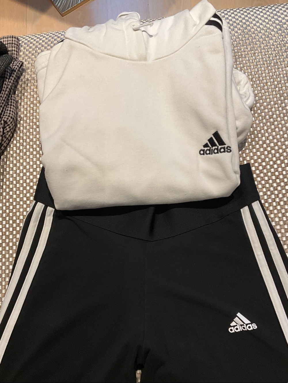 adidas White Hoodie with Black Logo & Black Leggings with White Stripes